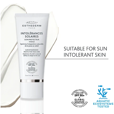 Image 1, suitable for intolerant skin. image 2, 90% skin's ability to adapt to the sun is improved. satisfaction questionnaire on 22 volunteers aged 25 to 63 with sensitive, reactivre and sun intolerant skin, 35 days of use. image 3, face - sun intolerance SPF 50+. body = sun intolerance SPF50 body. for intolerant and hyper reactive skin in the sun that wants to adapt gradually.