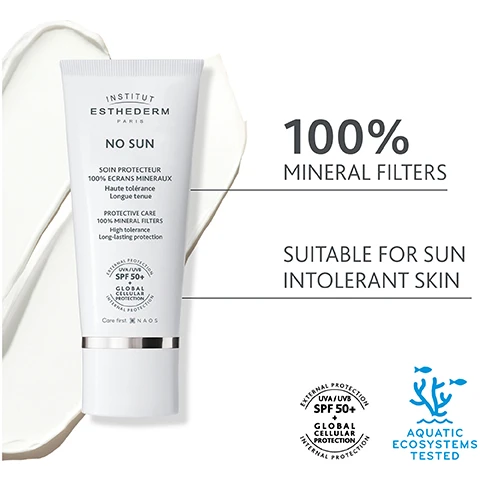 Image 1, 100% mineral filters. suitable for sun intolerant skin. image 2, prep - boosts skin's hydration. target - targets all signs of ageing. protect - protect your face with SPF 50+.