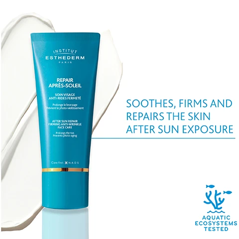 Image 1, soothes, firms and repairs the skin after sun exposure. image 2, protect and repair, tan and smooth wrinkles. prolong and repair - hydrates and firms the skin after sun exposure.