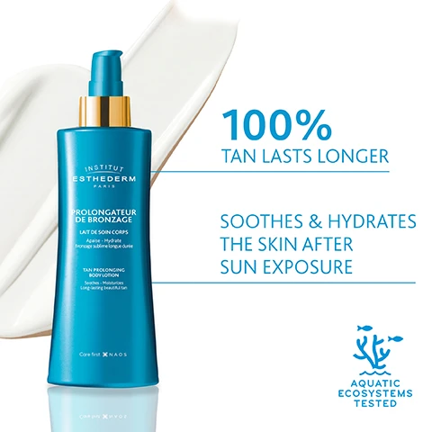 Image 1, 100% tan lasts longer. soothes and hydrates the skin after sun exposure. image 2, 96% tan is beautiful and more intense. 100% tan lasts longer. 100% skin is comforted. satisfaction test carried out for 14 days on 24 women aged 25 to 65. image 3, prepare the skin for sun exposure. protect - boosts the skin's ability to achieve a golden long lasting tan. prolong - skin is hydrated and soft.