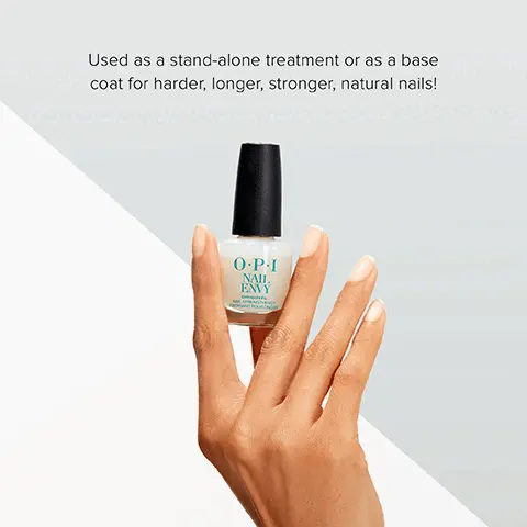 Image 1, Used as a stand-alone treatment or as a base coat for harder, longer, stronger, natural nails!Image 2, Customer review- Nail Envy by OPI is literally the best nail strengthening polish out there. My nails became so strong and are actually growing. I recommend this product to everyone who has trouble growing your nails. 5 stars- Angel