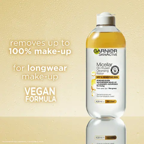 Image 1, removes up to 100% makeup for longwear makeup vegan formula. Image 2, mor than 50,000 reviews 5 stars no1 micellar water in the uk and a must have in my cleansing routine. Image 3, cruelty free international all garnier products are officially approved by cruelty free international under the leaping bunny program. Image 4, vegan formula, bottle made from recycled plastic, recycled cap, label and additives