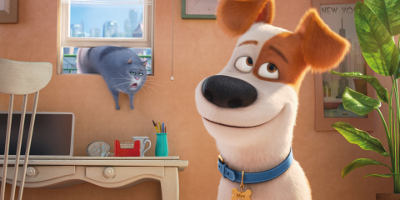 Still from the film showing a dog in the foreground with a cat climbing through a window in the background.