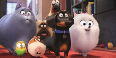 Still from the film showing a group of pets looking stunned.