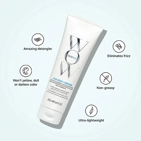 Image 1 - A white bottle of Color Wow Color Security Conditioner is shown with icons and text listing benefits Amazing detangler Eliminates frizz Won’t yellow dull or darken color Non-greasy Ultra-lightweight.
              Image 2 - A white tube of Color Wow Color Security Conditioner for fine-to-normal color-treated hair with text reading COLOR SECURITY CONDITIONER FOR FINE-TO-NORMAL COLOR-TREATED HAIR APRÈS-SHAMPOOING POUR CHEVEUX COLORÉS FINS À NORMAUX no dulling darkening conditioning agents keeps color fresh leaves hair silky pas dingrédients qui ternissent les cheveux pour une couleur lumineuse des cheveux soyeux 75 ml e 2.5 FL OZ.
              Image 3 - A large white bottle of Color Wow Color Security Conditioner with a black pump top is shown, with text reading COLOR WOW COLOR SECURITY CONDITIONER FOR FINE-TO-NORMAL COLOR-TREATED HAIR APRÈS-SHAMPOOING POUR CHEVEUX COLORÉS FINS À NORMAUX no dulling, darkening conditioning agents keeps color fresh, leaves hair silky pas dingrédients qui ternissent les cheveux pour une couleur lumineuse, des cheveux soyeux 946 ml e 32 FL OZ SUPER SIZE.
