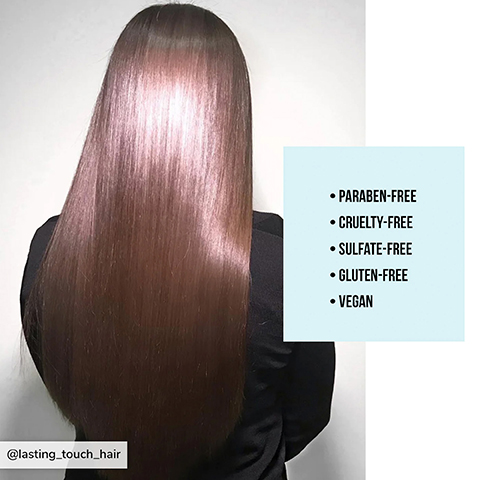 Image 1 - A person with long, straight, shiny hair is seen from the back, wearing a black top, with a side panel listing product features including paraben-free, cruelty-free, sulfate-free, gluten-free, and vegan.