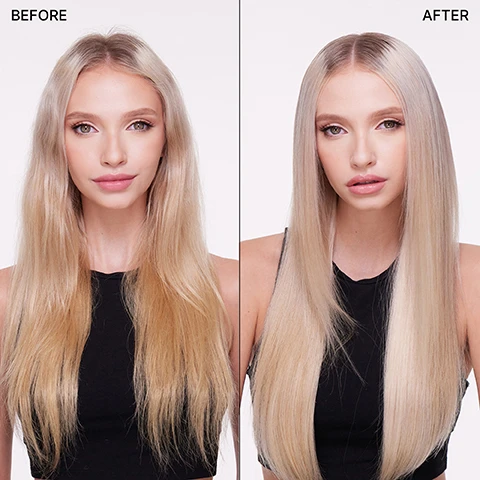 Image 3 - A side-by-side image showing a woman with long, wavy blonde hair on the left labeled BEFORE and the same woman with straight, sleek blonde hair on the right labeled AFTER.
              Image 4 - A cylindrical white spray bottle labeled WOW Color Control is surrounded by six icons indicating features such as cruelty-free, vegan, and no alcohol, with text stating it neutralizes yellow brassiness in light shades, renews elasticity and boosts volume, and mentions it is lightly-tinted and free of messy inky dyes.
              Image 5 - A close-up image of a creamy purple product with a swirl shape, featuring text that states 91% of testers said their color was noticeably brighter + brass-free after one use, with a note below it that says based on an independent consumer study.