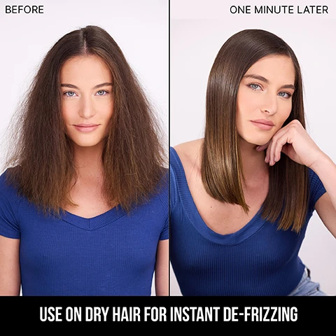 Image 3 - A woman with frizzy hair on the left side labeled BEFORE and the same woman with smooth, straight hair on the right side labeled ONE MINUTE LATER, with text at the bottom saying USE ON DRY HAIR FOR INSTANT DE-FRIZZING.
              Image 4 - A tube of Color Wow One-Minute Transformation styling cream is displayed against a light green background, with text highlights around it noting its benefits: Recondition dehydrated hair, fake a blow-dry in minutes, tame and de-puff swollen hair, groom and gloss short hair, erase dents from clips and ponytails, smooth and tame frizz, instantly banish bedhead, and get rid of static, STAT.
              Image 5 - A smiling person with long, dark hair is sitting in a car while holding a tube of hair product labeled COLOR WOW in their right hand, wearing a black sweater and layered gold necklaces.
              Image 6 - A white tube of Color Wow styling cream labeled One-Minute Transformation with green and black text, stating it instantly remoisturizes and eliminates frizz, alongside the size 50 ml e 1.7 fl oz, with a TRAVEL SIZE label at the bottom.