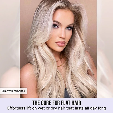 Image 1 - Photo of a woman with long blonde wavy hair with text @leovalentinohair THE CURE FOR FLAT HAIR Effortless lift on wet or dry hair that lasts all day long.
              Image 2 - A white bottle of Color Wow Raise The Root Thicken + Lift Spray surrounded by text describing its features including The cure for flat hair Not sticky or stiff Wont yellow or darken color Long-lasting lift body fullness Works on wet or dry hair and Heat protectant.
              Image 3 - A white spray bottle with a black cap stands on a white surface casting a shadow with text on the bottle reading WOW COLOR WOW RAISE THE ROOT THICKEN + LIFT SPRAY the cure for flat hair adds height + volume without dulling color 50ml 1.7 FLOZ and text below reading TRAVEL SIZE.