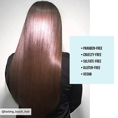 Image 2 - A person with long, shiny brown hair is shown from the back, alongside a text box listing the attributes: Paraben-free, Cruelty-free, Sulfate-free, Gluten-free, Vegan.