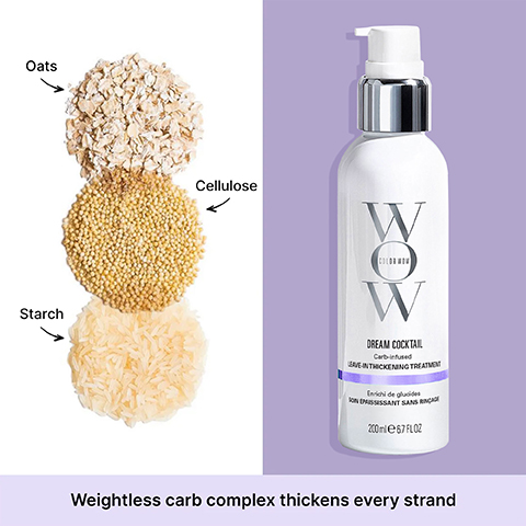 The image shows piles of oats, small yellow seeds labeled Cellulose, and rice grains labeled Starch, next to a white bottle of hair product labeled WOW COLOR WOW WOW DREAM COCKTAIL Carb-infused LEAVE-IN THICKENING TREATMENT Enrichi de glucides SOIN ÉPAISSISSANT SANS RINÇAGE 200 ml e 6.7 FL OZ, with text at the bottom that reads Weightless carb complex thickens every strand.