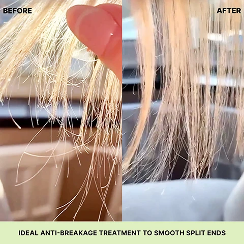 Image 3 - A side-by-side comparison of hair showing split ends on the left labeled BEFORE and smoother, healthier ends on the right labeled AFTER, with the text IDEAL ANTI-BREAKAGE TREATMENT TO SMOOTH SPLIT ENDS at the bottom.
              Image 5 - A woman with long, wavy hair holds a bottle of hair product labeled WOW Dream Cocktail in front of greenery, wearing a white top with a detailed design.