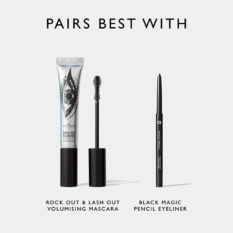 Image shows two cosmetic products, a tube of mascara with a brush and a pencil eyeliner, along with the text PAIRS BEST WITH above and the product names ROCK OUT & LASH OUT VOLUMISING MASCARA and BLACK MAGIC PENCIL EYELINER below.