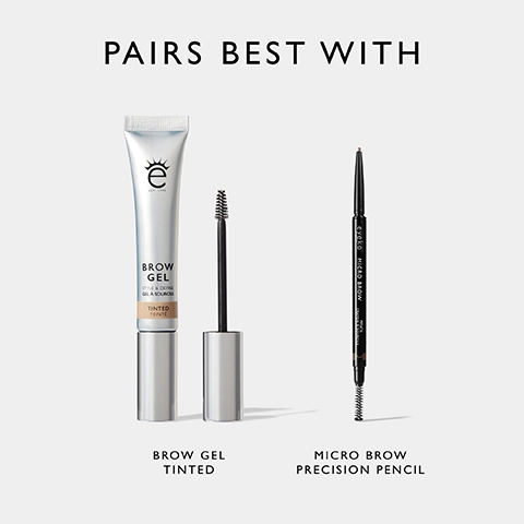 Image shows a tube of tinted brow gel on the left and a micro brow precision pencil on the right, with the text PAIRS BEST WITH at the top and BROW GEL TINTED and MICRO BROW PRECISION PENCIL below each product.