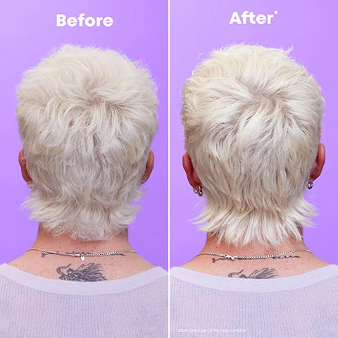 Image 1 - A person with short, light blonde hair is shown from the back in a side-by-side comparison, with the left labeled Before and the right labeled After, featuring visible neck tattoos and a purple background.
              Image 2 - A hand holding a bottle of Matrix Miracle Creator spray, with a purple background, featuring visible text: Lightweight, Milky Texture, Vegan Formula, multi-tasking leave-in treatment, No Animal Derived Ingredients Or By Products.
              Image 3 - Image shows two bottles of Matrix Miracle Creator hair product side by side against a purple background, the left bottle is pink with the text 20 Miracle Creator multi-tasking treatment and the right bottle is purple with the same text, accompanied by an arrow pointing from the pink bottle to the purple one and the words Hot New Look! Same Great Formula!
              Image 4 - A colorful infographic titled 20 Beautifying Benefits! features sections labeled Enhance, Protect, and Style with bullet points detailing benefits like nourishment, heat protection, and frizz control.
              Image 5 - A spray bottle labeled matrix Miracle Creator is surrounded by colorful bubbles against a lavender background, with text that reads Discover The Ingredients Behind The Miracle, 1 Essential AHA Acid Lactic Acid, and 3 Nourishing Oils Coconut, Soybean & Sweet Almond Oils.