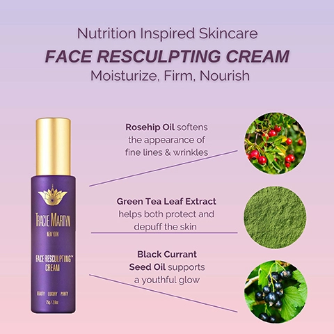 Nutrition inspired skincare face resculpting cream. Moisturize, firm, nourish. Rosehip oil softens the appearance of fine lines & wrinkles. Green tea leaf extract helps both protect and depuff the skin. Black currant seed oil supports a youthful glow.