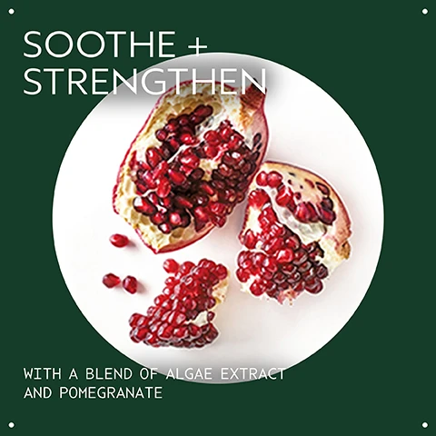 Image 2 - A dark green background features a white circle containing a broken pomegranate revealing red seeds, with text that reads SOOTHE + STRENGTHEN and WITH A BLEND OF ALGAE EXTRACT AND POMEGRANATE. Image 3 - A translucent light yellow cosmetic product swatch with subtle shimmer. Image 4 - A brown bottle with a black pump dispenser is positioned against a blurred green leafy background, featuring text that reads Aveda Tulasara calm concentrate concentré and Soothes, Calms, and Cools Skin and Makes It More Resilient. Image 5 - A dark amber AVEDA tulasāra calm concentrate bottle with a black pump is shown on a dark green background, with instructions reading HOW TO USE and Apply AM and PM before moisturizing. Image 6 - Three white certification logos are displayed against a backdrop of dark green tropical leaves, with a hint of red on the left: the 100% VEGAN logo with a large V, the Certified B Corporation logo with a B in a circle, and the Cruelty Free INTERNATIONAL logo featuring a leaping rabbit.