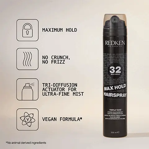 Image 1, Maximum hold, no crunch, no frizz, tri-diffusion actuator for ultra-fine mist and vegan formula. Image 2, Pro Tip: Hold at a distance to ensure you are using the mist!. Image 3,5 star rating- The best strong hold hair spray available and I've tried so many. Nice smell and brushes out easily leaving no residue- Look Fantastic verified customer review.