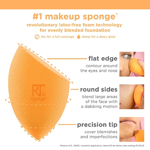 Image 1, number 1 makeup sponge , revolutionary latex free foam technology for evenly blended foundation. dry for full coverage, damp for a dewy glow. flat edge contour around eyes and nose. round sides blend large areas of the face with a dabbing motion. precision tip cover blemishes and imperfections. image 2, sponges can be used with, loose powder, pressed powders, blush, highlighter, foundations, concealers, BB creams, primers. image 3, miracle complexion sponge, designed with micro fine pores to minimize absorption of cosmetics and help decrease makeup waste. easily bounces and blends to distribute the product. provides smooth and even coverage for a streak free flawless finish. helps to minimize absportion of liquid and cream makeup.