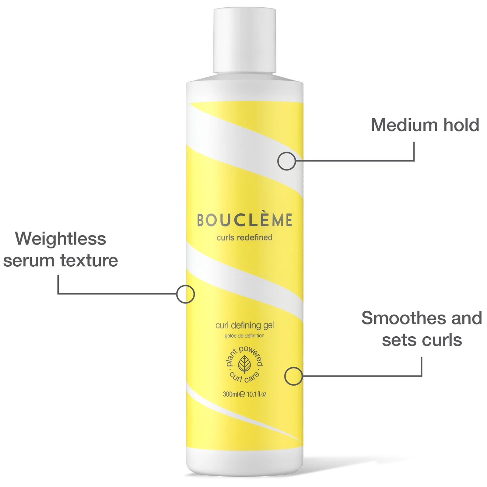 medium hold, weightless serum texture, smoothes and sets curls