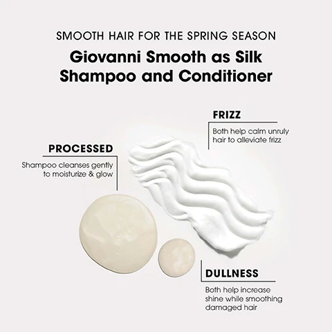 Image 1 - Image features a promotional graphic for Giovanni Smooth as Silk Shampoo and Conditioner with visuals of cream textures and labeled sections detailing benefits for frizz, dullness, and processing, along with the text SMOOTH HAIR FOR THE SPRING SEASON.
              Image 2 - Image features two hair care products from Giovanni titled Smooth as Silk, with descriptions for a Deep Moisture Shampoo and a Deeper Moisture Conditioner, showcasing their benefits and application.
              Image 3 - A reminder graphic features a blurred background of hair care products with text in a white box stating Give your hair the happy hour it deserves. Clean. Protect. Hydrate. Will Do!