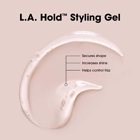 Image 1 - Image shows a small amount of clear styling gel in a fluid shape on a light beige background, with the text L.A. Hold™ Styling Gel and three bullet points: Secures shape, Increases shine, Helps control frizz.
              Image 2 - Image of two hair product comparisons: on the left, L.A. Hold Hair Spritz, a clear spray bottle with a label, and on the right, L.A. Hold Styling Gel, a white tube with a label, with text describing each products features including maximum-holding mist, shine retention, and use instructions.