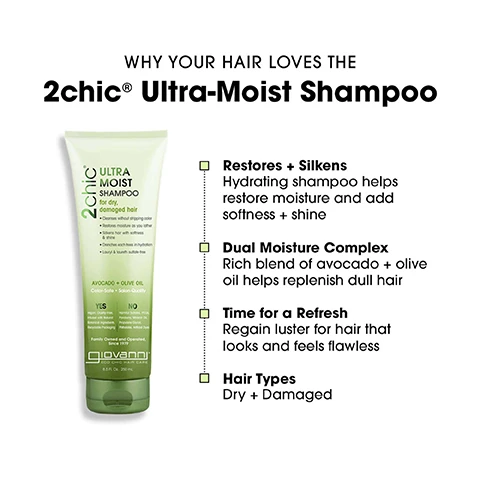 Image 1 - A tube of 2chic Ultra-Moist Shampoo for dry and damaged hair is displayed, with visible text highlighting its benefits: restores moisture and silkens hair, contains a dual moisture complex with avocado and olive oil, and is suitable for dry and damaged hair types.
              Image 2 - Image shows a collection of hair care products labeled Ultra Moist for dry, damaged hair, featuring a deep moisture hair mask, a dual-action protective leave-in spray, an ultra moist shampoo, and an ultra moist conditioner, with visible text stating For dry, damaged hair and see the full collection at giovannicosmetics.com.