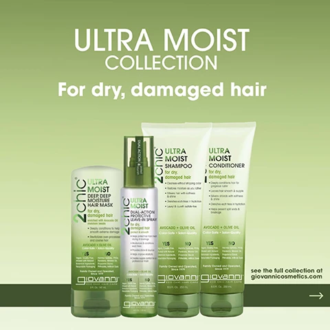 Image 1 - The image shows four hair care products from the Ultra Moist Collection by Giovanni, designed for dry, damaged hair, including a deep moisture hair mask, shampoo, conditioner, and a dual-action protective leave-in spray, with visible text stating ULTRA MOIST COLLECTION and product descriptions.
              Image 2 - An infographic titled Hair Concerns: 3 Ways to Treat Them shows three hair serums for different issues: DAMAGED with a purple background and a description for dry, unruly hair, OUT OF CONTROL with a pink background describing a serum that smooths hair, and DRY with a green background for dry, damaged hair.
