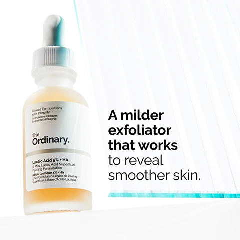 Image 1 - A dropper bottle of The Ordinary lactic acid exfoliator is shown with a translucent background, and the text reads A milder exfoliator that works to reveal smoother skin.
              Image 2 - A bottle of The Ordinary skincare product with a dropper is positioned on a black and white tiled surface next to a glass of golden liquid, with visible text stating Offers milder exfoliation targeted at the surface of the skin. 5% lactic acid Tasmanian pepperberry.
              Image 3 - A woman with long hair is applying skincare product to her face, smiling softly, with the text Apply daily in the evening. visible at the bottom.
              Image 4 - A clear, viscous drop of water-based serum on a white background with visible bubbles, accompanied by the text Water-based serum texture.
              Image 5 - Image showing three categories of skincare products: PREP is represented by creams and liquids labeled cleansers and toners, TREAT features various textures labeled as water-based serums, eye serums, anhydrous solutions, and oils, and SEAL includes suspensions, moisturizers, and SPF, with visible labels above each section.