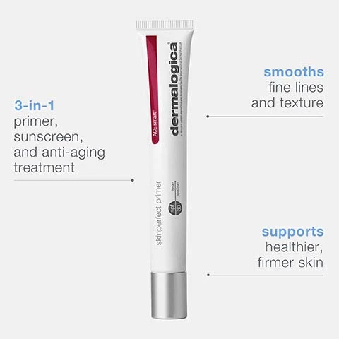 Image 1, smooths fine lines and texture, 3 in 1 primer sunscreen and anti aging treatment, supports healthier firmer skin. image 2, prime
