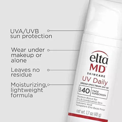 Image 1, UVA/UVB sun protection, leaves no residue, wear under makeup or alone, moisturizing lightweight formula. Image 2, number 1 dermatologist recommended, trusted, personally used professional sunscreen brand. Image 3, made with zinc oxide, natural mineral compound that works as a sunscreen agent by reflecting and scattering IVA and UVB rays. Image 4, recommended for daily use by skin cancer foundation, recommended as an effective broad spectrum sunscreen. Image 5, formulated with hyaluronic acid to reduce the appearance of fine lines and wrinkles. Image 6, verified customer review - 5 stars, this is my new holy grail sunscreen. it moisturizes my skin without feeling overly heavy. i love the way my skin looks when i wear it alone or under makeup. Image 7, paraben free, vegan, noncomedogenic, fragrance free, sensitivity free. Image 8, complete your regimen, UV daily, foaming facial cleanser, skin recovery toner, PM therapy, UV lotion.
