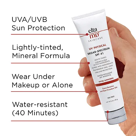Image 1, UVA/UVB sun protection, lightly tinted mineral formula, wear under makeup or alone, water resistant (40 minutes). Image 2, number 1 dermatologist recommended, trusted, personally used professional sunscreen brand. Image 3, formulated with linoleic acid, an antioxidant that helps dimish the visible signs of aging. Image 4, recommended for daily use by skin cancer foundation, recommended as an effective broad spectrum sunscreen. Image 5, made with zinc oxide, natural mineral compound that works as a sunscreen agent by reflecting and scattering IVA and UVB rays. Image 6, verified customer review - 5 stars, my favorite suscreen ever, i love its tinted formula because i can use it as a primer and it leaves my skin soft and radiant, it's lightweight and quick absorption. Image 7, swatches of the different shades - UV daily, UV clear, UV elements, UV glow, UV physical, UV luminous, UV restore. Image 8, paraben free, vegan, noncomedogenic, oil free, fragrance free, sensitivity free. Image 9, complete your regimen, UV physical, foaming facial cleanser, skin recovery toner, skin recovery moisturizer.