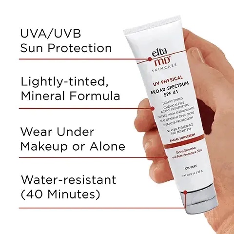 Image 1, UVA/UVB sun protection, lightly tinted mineral formula, wear under makeup or alone, water resistant (40 minutes). Image 2, number 1 dermatologist recommended, trusted, personally used professional sunscreen brand. Image 3, formulated with linoleic acid, an antioxidant that helps dimish the visible signs of aging. Image 4, recommended for daily use by skin cancer foundation, recommended as an effective broad spectrum sunscreen. Image 5, made with zinc oxide, natural mineral compound that works as a sunscreen agent by reflecting and scattering IVA and UVB rays. Image 6, verified customer review - 5 stars, my favorite suscreen ever, i love its tinted formula because i can use it as a primer and it leaves my skin soft and radiant, it's lightweight and quick absorption. Image 7, swatches of the different shades - UV daily, UV clear, UV elements, UV glow, UV physical, UV luminous, UV restore. Image 8, paraben free, vegan, noncomedogenic, oil free, fragrance free, sensitivity free. Image 9, complete your regimen, UV physical, foaming facial cleanser, skin recovery toner, skin recovery moisturizer. Image 10, Active ingredients 9.0% zinc oxide and 7% titanium dioxide.