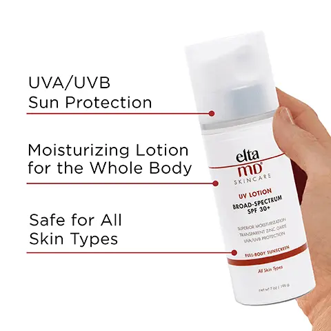Image 1, UVA/UVB sun protection, moisturizing lotion for the whole body, safe for all skin types. Image 2, number 1 dermatologist recommended, trusted, personally used professional sunscreen brand. Image 3, formulated with hyaluronic acid to reduce the appearance of fine lines and wrinkles. Image 4, recommended for daily use by skin cancer foundation, recommended as an effective broad spectrum sunscreen. Image 5, made with zinc oxide, natural mineral compound that works as a sunscreen agent by reflecting and scattering IVA and UVB rays. Image 6, verified customer review - 5 stars, such a great sunscreen! it is great for sensitive skin and does not leave the body feeling too oily and greasy. the pump makes it easy to get the product onto your hands and body. Image 7, paraben free, vegan, non comedogenic, fragrance free, sensitivity free. Image 8, complete your regimen, UV lotion, foaming facial cleanser, arrier renewal complex, UV Daily, moisture rich body creme.