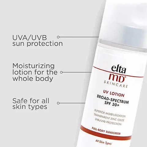 Image 1, UVA/UVB sun protection, moisturizing lotion for the whole body, safe for all skin types. Image 2, number 1 dermatologist recommended, trusted, personally used professional sunscreen brand. Image 3, formulated with hyaluronic acid to reduce the appearance of fine lines and wrinkles.Image 4, made with zinc oxide, natural mineral compound that works as a sunscreen agent by reflecting and scattering IVA and UVB rays. Image 5, Active ingredients: octinoxate 7.5% and zinc oxide 7.0%. Image 6, Trusted by Dermatologists. Loved by skin. For over 30 years, EltaMD has been creating innovative products that cater to all skin types and conditions, from cosmetically elegant sunscreen to skincare that repairs and rejuvenates skin. Image 7, Free From oxybenzone parabens ◇ fragrances ◇ dyes. Image 8, complete your regimen.