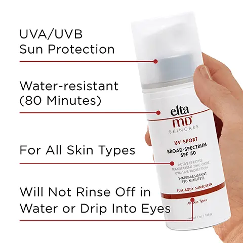 Image 1, UVA/UVB sun protection, water resistant (80 minutes) for all skint ypes, will not rinse off in water or drip into eyes. Image 2, number 1 dermatologist recommended, trusted, personally used professional sunscreen brand. Image 3, made with zinc oxide, natural mineral compound that works as a sunscreen agent by reflecting and scattering IVA and UVB rays. Image 4, recommended for daily use by skin cancer foundation, recommended as an effective broad spectrum sunscreen. Image 5, antioxidant protection, combats skin-aging free radicals associated with iltraviolet (UV) and infrared radition (IR). Image 6, verified customer review - 5 stars, this is a great sunscreen for the body. feels luxurious and light - doesn't smell or feel like sunscreen or leave a white cast residue. Image 7, paraben free, oil-ree, noncomedogenic, fragrance free, sensitivity free. Image 8, complete your regimen, UV sport, foaming facial cleanser, skin recovery toner, AM therapy, UV lip balm