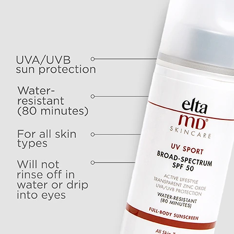 Image 1, UVA/UVB sun protection, water resistant (80 minutes) for all skint ypes, will not rinse off in water or drip into eyes. Image 2, number 1 dermatologist recommended, trusted, personally used professional sunscreen brand. Image 3, made with zinc oxide, natural mineral compound that works as a sunscreen agent by reflecting and scattering IVA and UVB rays. Image 4, recommended for daily use by skin cancer foundation, recommended as an effective broad spectrum sunscreen. Image 5, antioxidant protection, combats skin-aging free radicals associated with iltraviolet (UV) and infrared radition (IR). Image 6, verified customer review - 5 stars, this is a great sunscreen for the body. feels luxurious and light - doesn't smell or feel like sunscreen or leave a white cast residue. Image 7, paraben free, oil-ree, noncomedogenic, fragrance free, sensitivity free. Image 8, complete your regimen, UV sport, foaming facial cleanser, skin recovery toner, AM therapy, UV lip balm. Image 9, Active ingredients: 9% zinc oxide, 7.50% octinoxate and 5% octisalate
