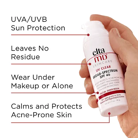 Image 1, UVA/UVB sun protection, leaves no residue, wear under makeup or alone, calms and protects acne-prone skin. Image 2, number 1 dermatologist recommended, trusted, personally used professional sunscreen brand. Image 3, made with zinc oxide, natural mineral compound that works as a sunscreen agent by reflecting and scattering IVA and UVB rays. Image 4, paraben free, oil-free, vegan, noncomedogenic, fragrance free, sensitivity free. Image 5, helps calm and protect sensitive skin types prone to acne, rosacea and dark spots. Image 6, verified customer review - 5 stars, best suncreen i have ever used! not only did it offer protection from sun damage, it improved my skin tone and texture. Image 7, complete your regimen, UV clear, foaming facial cleanser, AM therapy, skin rcovery serum, UV sport