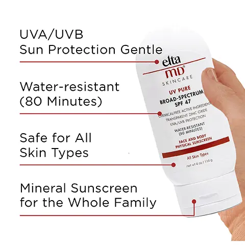 Image 1, UVA/UVB sun protection, water resistant (80 minutes), safe for all skin types, mineral sunscreen for the whole family. Image 2, number 1 dermatologist recommended, trusted, personally used professional sunscreen brand. Image 3, formulated with titanium dioxide, a natural mineral that works as a sunscreen agent by reflecting and scattering UV radiation. Image 4, recommended for daily use by skin cancer foundation, recommended as an effective broad spectrum sunscreen. Image 5, made with zinc oxide, natural mineral compound that works as a sunscreen agent by reflecting and scattering IVA and UVB rays. Image 6, verified customer review - 5 stars, my favorite sunscreen ever! i love its tinted formula because i can use it as a primer and it leaves my skin soft and radiant. it's lightweight and quick absorption. Image 7, total sun protection for skin of all ages*. * not suitable for children under 6 months. Image 8, paraben free, fragrance free, vegan, noncomedogenic, sensitivity free, gluten free, oil-free and dye free. Image 8, complete your regimen, UV pure, foaming facial cleanser, AM therapy, UV physical, UV lip balm
