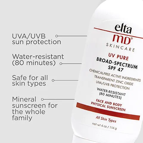 Image 1, UVA/UVB sun protection, water resistant (80 minutes), safe for all skin types, mineral sunscreen for the whole family. Image 2, number 1 dermatologist recommended, trusted, personally used professional sunscreen brand. Image 3, formulated with vitamin C ester to help diminish the visible signs of aging. Image 4, made with zinc oxide, natural mineral compound that works as a sunscreen agent by reflecting and scattering IVA and UVB rays. Image 5, Active ingredients: 10% zinc oxide and 5.5% titanium dioxide. Image 6, Trusted by Dermatologists. Loved by skin. For over 30 years, EltaMD has been creating innovative products that cater to all skin types and conditions, from cosmetically elegant sunscreen to skincare that repairs and rejuvenates skin. Image 7, Free From oxybenzone parabens ◇ fragrances ◇ dyes. Image 8, complete your regimen