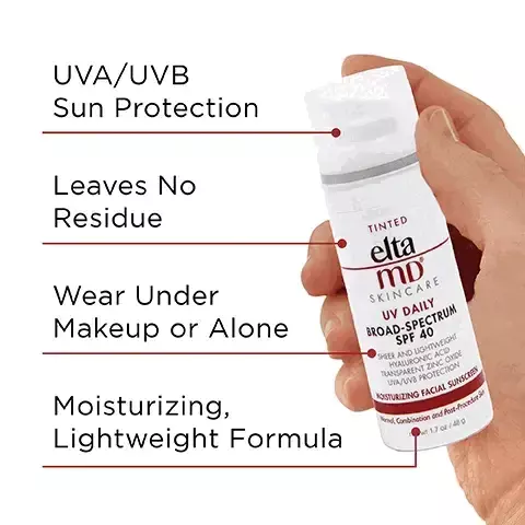 Image 1, UVA/UVB sun protection, leaves no residue, wear alone or under makeup, moisturizing, lightweight formula. Image 2, number 1 dermatologist recommended, trusted, personally used professional sunscreen brand. Image 3, made with zinc oxide, natural mineral compound that works as a sunscreen agent by reflecting and scattering IVA and UVB rays. Image 4, recommended for daily use by skin cancer foundation, recommended as an effective broad spectrum sunscreen. Image 5, swatches of the different shades - UV daily, UV clear, UV elements, UV glow, UV physical, UV luminous, UV restore. Image 6, formulated with hyaluronic acid to reduce the appearance of fine lines and wrinkles. Image 7, verified customer review - 5 stars, the best not too tined, just enough to give you a bit of coverage. Image 8, paraben free, vegan, noncomedogenic, fragrance free, sensitivity free. Image 8, complete your regimen, UV daily tinted, foaming facial cleanser, skin recovery toner, PM therapy, UV lotion. Image 9, Active Ingredients: 9% zinc oxide and 7.5% octinoxate. image 10, formulated with hyaluronic acid to reduce the look of fine lines and wrinkles
