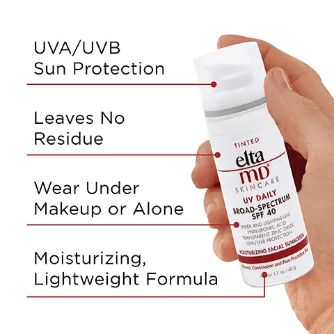 Image 1, UVA/UVB sun protection, leaves no residue, wear alone or under makeup, moisturizing, lightweight formula. Image 2, number 1 dermatologist recommended, trusted, personally used professional sunscreen brand. Image 3, made with zinc oxide, natural mineral compound that works as a sunscreen agent by reflecting and scattering IVA and UVB rays. Image 4, recommended for daily use by skin cancer foundation, recommended as an effective broad spectrum sunscreen. Image 5, swatches of the different shades - UV daily, UV clear, UV elements, UV glow, UV physical, UV luminous, UV restore. Image 6, formulated with hyaluronic acid to reduce the appearance of fine lines and wrinkles. Image 7, verified customer review - 5 stars, the best not too tined, just enough to give you a bit of coverage. Image 8, paraben free, vegan, noncomedogenic, fragrance free, sensitivity free. Image 8, complete your regimen, UV daily tinted, foaming facial cleanser, skin recovery toner, PM therapy, UV lotion
