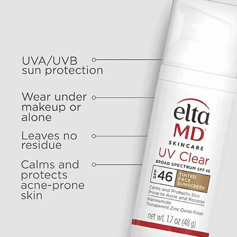 Image 1, UVA/UVB sun protection, leaves no residue, wear under makeup or alone, calms and protects acne-prone skin. Image 2,Formulated with: Niacinamide (vitamin b3)to reduce redness and restore suppleness. Image 3, active ingredients 9.0% zinc oxide, 7.5% octinoxate. Image 4, free from oxybenzone, parabens, fragrances and dyes. Image 5, fragrance free, hypoallergenic, dye free, paraben free, noncomedogenic. Image 6, Trusted by Dermatologists. Loved by skin. For over 30 years, EltaMD has been creating innovative products that cater to all skin types and conditions, from cosmetically elegant sunscreen to skincare that repairs and rejuvenates skin. Image 7, OVER 11,700 5 STAR REVIEWS AND COUNTING This is the best sunscreen ever and I love that it's tinted. I've been using it for four years now and will never try anything else. Image 8, THINK ZINC OXIDE Natural mineral compound that works as a sunscreen agent by reflecting and scattering UVA and UVB rays. Image 9, Complete your regimen. Image 10,number 1 dermatologist recommended professional sunscreen brand