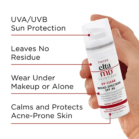 Image 1, UVA/UVB sun protection, leaves no residue, wear under makeup or alone, calms and protects acne-prone skin. Image 2, number 1 dermatologist recommended, trusted, personally used professional sunscreen brand. Image 3, made with zinc oxide, natural mineral compound that works as a sunscreen agent by reflecting and scattering IVA and UVB rays. Image 4, recommended for daily use by skin cancer foundation, recommended as an effective broad spectrum sunscreen. Image 5, formulated for sensitive skin. Image 6, swatches of the shades - UV daily, UV clear, UV elements, UV glow, UV physical, UV luminous, UV restore. Image 7, formulated with hyaluronic acid to reduce the appearance of fine lines and wrinkles. Image 8, verified customer review - 5 stars, love the texture and how easily it blends in. absorbs quickly, no oily finish, just beautiful glow! ideal for all skin types, especially acne prone skin! Image 9, paraben free, vegan, noncomedogenic, oil free, fragrance free, sensitivity free. Image 8, complete your regimen, UV clear, foaming facial cleanser, AM therapy, skin recovery serum, UV sport