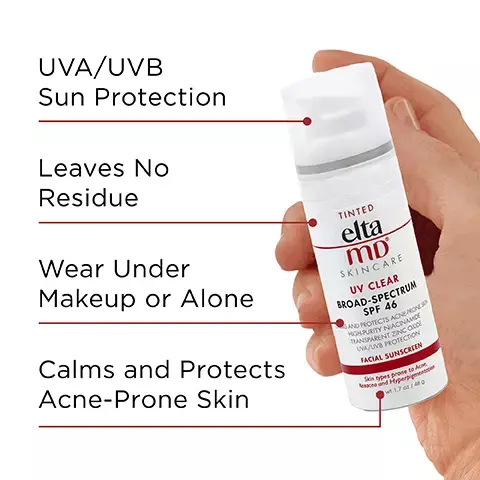 Image 1, UVA/UVB sun protection, leaves no residue, wear under makeup or alone, calms and protects acne-prone skin. Image 2, number 1 dermatologist recommended, trusted, personally used professional sunscreen brand. Image 3, made with zinc oxide, natural mineral compound that works as a sunscreen agent by reflecting and scattering IVA and UVB rays. Image 4, recommended for daily use by skin cancer foundation, recommended as an effective broad spectrum sunscreen. Image 5, formulated for sensitive skin. Image 6, swatches of the shades - UV daily, UV clear, UV elements, UV glow, UV physical, UV luminous, UV restore. Image 7, formulated with hyaluronic acid to reduce the appearance of fine lines and wrinkles. Image 8, verified customer review - 5 stars, love the texture and how easily it blends in. absorbs quickly, no oily finish, just beautiful glow! ideal for all skin types, especially acne prone skin! Image 9, paraben free, vegan, noncomedogenic, oil free, fragrance free, sensitivity free. Image 8, complete your regimen, UV clear, foaming facial cleanser, AM therapy, skin recovery serum, UV sport. Image 9, active ingredients, 9.0% zinc oxide, 7.5% octinoxate