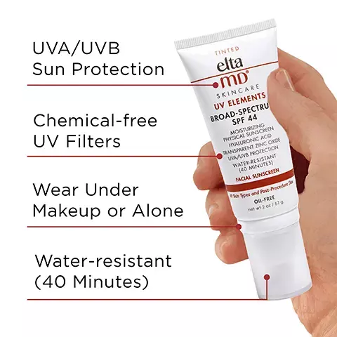 Image 1, UVA/UVB sun protection, chemical free UV filters, wear under makeup or alone and water resistent (40 minutes). Image 2, number 1 dermatologist recommended, trusted, personally used professional sunscreen brand. Image 3, formulated with hyaluronic acid to reduce the appearance of fine lines and wrinkles. Image 4, UV DAily, UV Clear, UV Elements, UV Glow, UV Physical, UV luminous and UV Restore. Image 5, made with zinc oxide, natural mineral compound that works as a sunscreen agent by reflecting and scattering IVA and UVB rays. Image 6, Paraben free, vegan, noncomedogenic, oil free, fragrance free and senstivity free. Image 7, verified customer review: love love love this sunscreen, gives the perfecta mount of color for an everyday look. Image 8, Recommended skin cancer foundation daily use. Recommended as an effective broad-spectrum sunscreen. Image 9, complete your regimen, UV elements, foaming facial cleanser, PM therapy, renew eye gel and UV pure. Image 10, active ingredients, 10% sinc oxide, 5.7% titanium dioxide