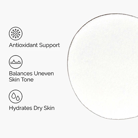 Image 1 - A graphic on a light background features three icons representing skincare benefits with accompanying text: Antioxidant Support, Balances Uneven Skin Tone, and Hydrates Dry Skin, alongside a large white circular pad partially visible on the right. Image 2 - Close-up of a persons face with glowing, hydrated skin and dark eyelashes, next to three white labels with black icons and text that read Hydrates, Brightens, Evens Skin Tone. Image 3 - A clear glass dropper containing liquid with air bubbles is angled against a light grey background, with text descriptions linking to the dropper. Text reads: Key ingredients in Ascorbyl Tetraisopalmitate Solution 20% in Vitamin F: Ascorbyl Tetraisopalmitate (Tetrahexyldecyl Ascorbate) Indirect Vitamin C that balances the look of uneven skin tone. Ethyl Linoleate (Vitamin F) Supports skin’s hydration barrier. Image 4 - The image visually depicts a three-step skincare regimen for uneven skin tone, showcasing a white tube, an amber dropper bottle, and a grey tube from The Ordinary arranged in a sequence from left to right, with visible text that states A hydrating regimen for uneven skin tone PREP Glycolipid Cream Cleanser Removes impurities and makeup TREAT Ascorbyl Tetraisopalmitate Solution 20% in Vitamin F Brightens and balances uneven skin tone while hydrating dry skin SEAL Natural Moisturizing Factors + PhytoCeramides Rich nourishing moisturizer to strengthen the skin barrier.