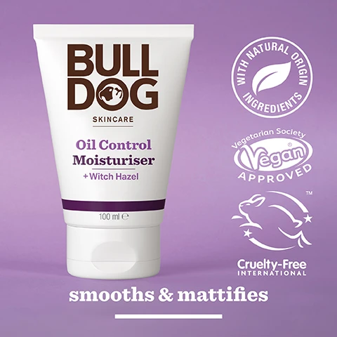 Image 2 - A brand of skincare moisturizer by Bulldog is displayed in a white tube with a purple background, labeled Oil Control Moisturiser + Witch Hazel, featuring icons for natural ingredients, vegan approval, and cruelty-free certification, with the text smooths & mattifies at the bottom.
              Image 3 - A close-up image of yellow witch hazel flowers with visible text stating 95% Natural Origin, Unlock the true potential of natural origin ingredients, and Witch Hazel.
              Image 4 - A person holds a tube of Bulldog skincare oil control moisturizer in one hand, with the cap off and resting in the other hand, and the text For Oily Skin is visible at the bottom.
              Image 5 - A tube of Bulldog Skincare Oil Control Moisturiser with Witch Hazel sits on a bathroom countertop, featuring text that states it is made from over 27% sugarcane and over 62% PCR plastic along with the label Recycled Tube.
              Image 6 - Three Bulldog Skincare tubes are displayed on a bathroom countertop, labeled as Oil Control Face Wash, Oil Control Face Scrub, and Oil Control Moisturiser, along with the text Mattify & Balance Oil Prone Skin.