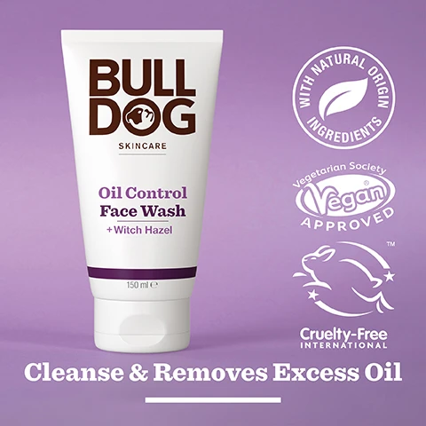 Image 2 - A tube of Bulldog Skincare Oil Control Face Wash with a purple label, featuring text that reads Cleanse & Removes Excess Oil, along with symbols for vegan and cruelty-free certifications, on a light purple background.
              Image 3 - A close-up image of yellow witch hazel flowers with the text 95% Natural Origin, Unlock the true potential of natural origin ingredients, and Witch Hazel.
              Image 4 - A tube of Bulldog Skincare Oil Control Face Wash with visible text stating Oil Control Face Wash + Witch Hazel, Cleanses & Removes Excess Oil, 150 ml, and information about the tube being made from over 27% sugarcane and over 62% PCR plastic, with a label indicating Recycled Tube.
              Image 5 - Three Bulldog Skincare products are displayed on a white surface: an Oil Control Face Wash with Witch Hazel, an Oil Control Face Scrub with Charcoal, and an Oil Control Moisturiser with Witch Hazel, with text at the bottom reading Mattify & Balance Oil Prone Skin.