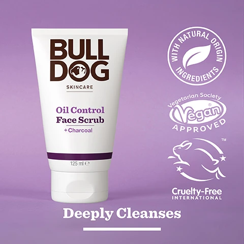 Image 2 - A tube of Bulldog Skincare Oil Control Face Scrub with charcoal is displayed against a purple background, featuring visible text that reads Bulldog Skincare, Oil Control Face Scrub + Charcoal, 125 ml, Deeply Cleanses, along with logos indicating it is made with natural origin ingredients, vegan approved, and cruelty-free.
              Image 3 - An assortment of charcoal pieces scattered on a light background with the text 92% Natural Origin, Unlock the true potential of natural origin ingredients, Charcoal.
              Image 4 - A person holds a white tube of Bull Dog Oil Control Face Scrub featuring a charcoal label, with text that reads For Oily Skin at the bottom.
              Image 5 - A tube of Bulldog skincare oil control face scrub with charcoal is placed on a tiled surface, displaying text about its benefits and recycled materials including 125 ml volume and information about the tubes composition.
              Image 6 - Three Bulldog skincare products for oil control are displayed on a bathroom counter, including Oil Control Face Wash, Oil Control Face Scrub, and Oil Control Moisturiser, with visible text reading Mattify & Balance Oil Prone Skin.
